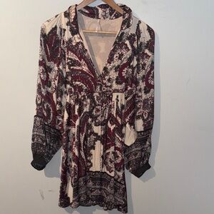 Free People Burgundy and Cream Long Sleeve Dress